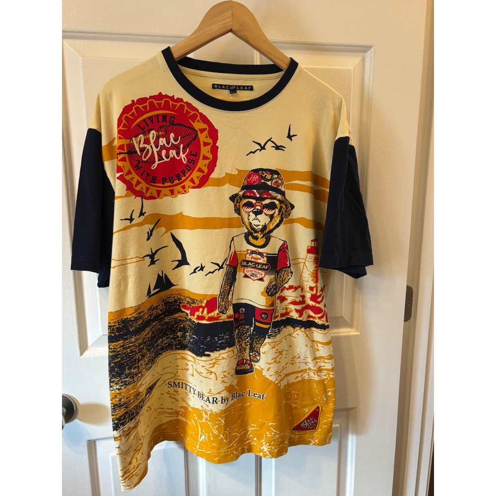 Blac Leaf Smitty Bear Graphic T Shirt Mens Cream Navy Blue Beach Streetwear~2XL